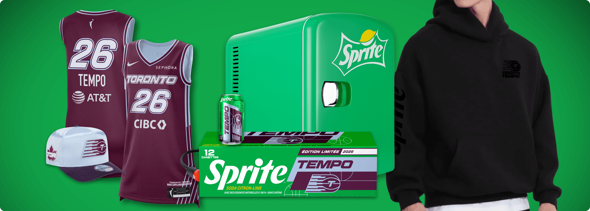 Chaque cadeau Sprite x Tempo de Toronto comprend un chandail, une casquette, une veste, un mini-réfrigérateur et un emballage de 12 canettes de Sprite.